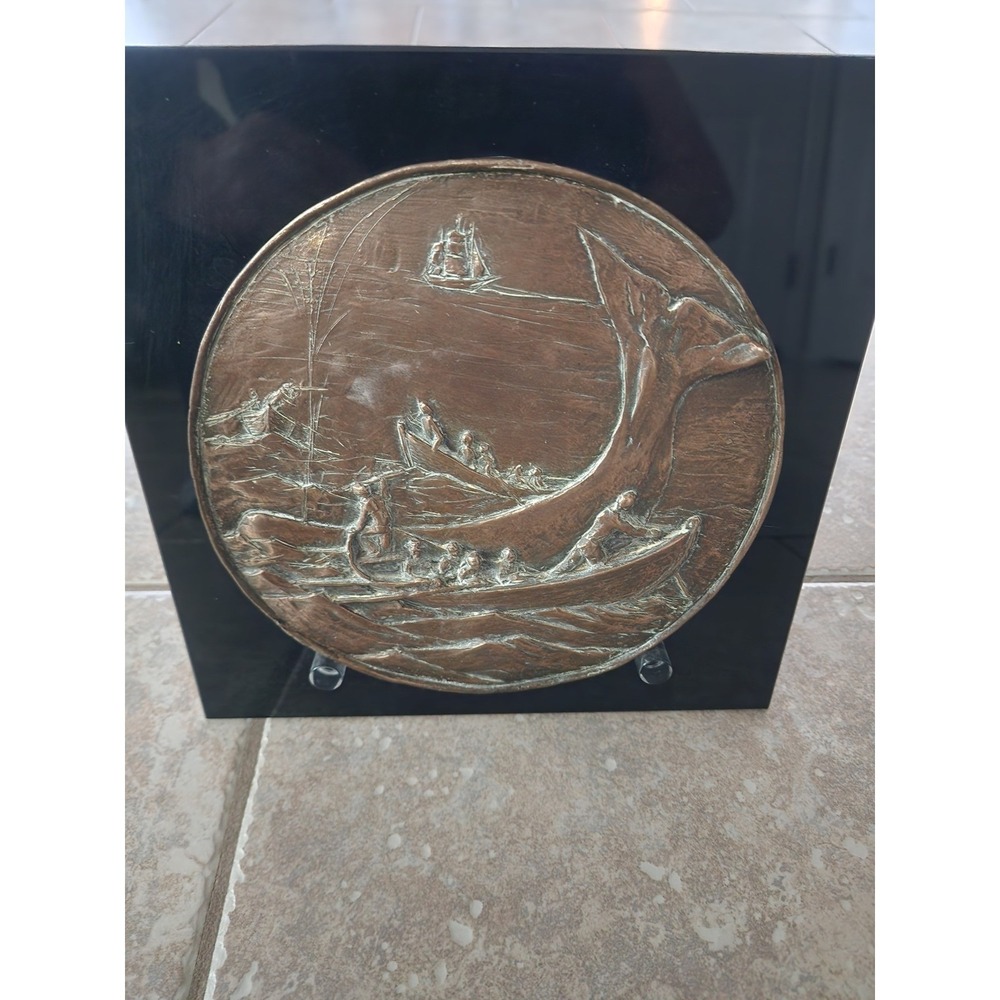 Vintage Bronze Moby Dick Scene and Stand Plaque Nautical Whale Maritime Art